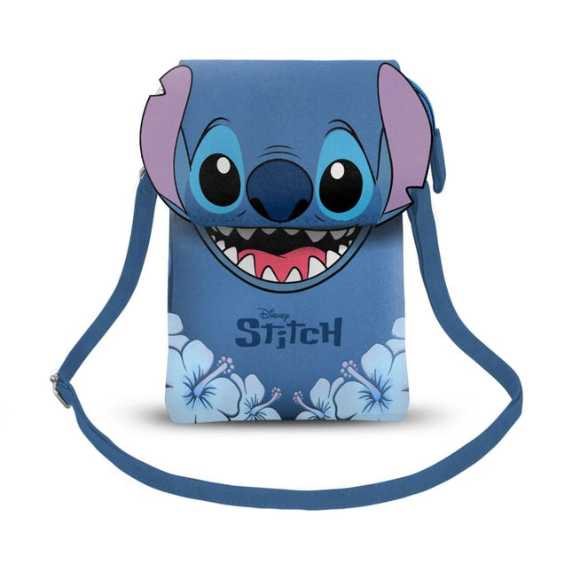 Borsa porta cellulare Stitch Heady Flower Karactermania, azzurra con fiori bianchi e tracolla
