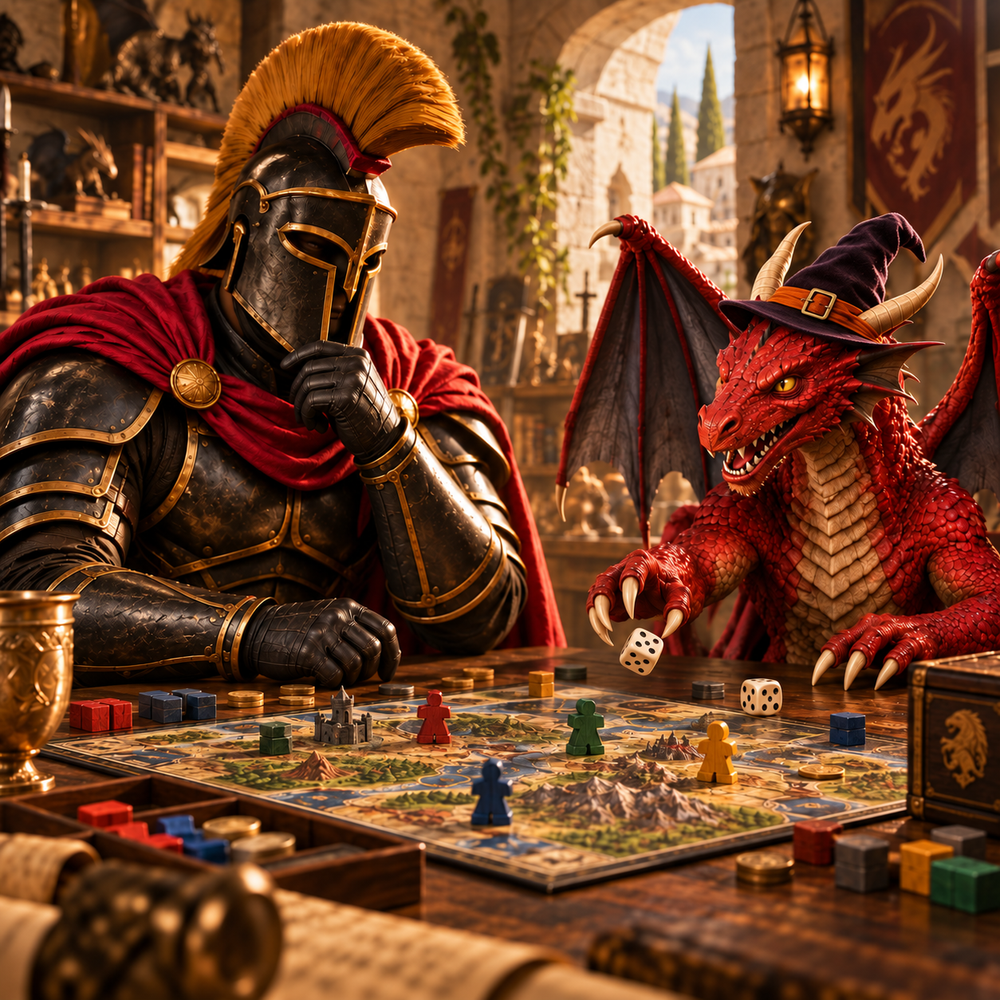 Spartano e draghetto con cappello da strega — giochi-da-tavolo