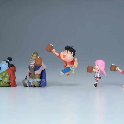 Cinque mini statuette One Piece WCF Banquet 1 Banpresto: Jinbe, Dorry, Luffy, Bonney e Nico Robin