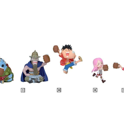 Cinque mini statuette One Piece WCF Banquet 1 Banpresto: Jinbe, Dorry, Luffy, Bonney e Nico Robin