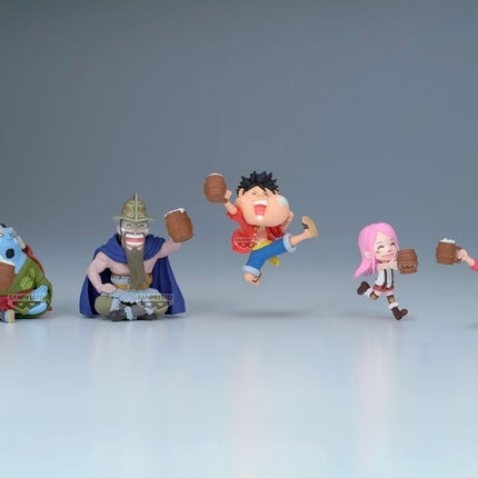 Cinque mini statuette One Piece WCF Banquet 1 Banpresto: Jinbe, Dorry, Luffy, Bonney e Nico Robin