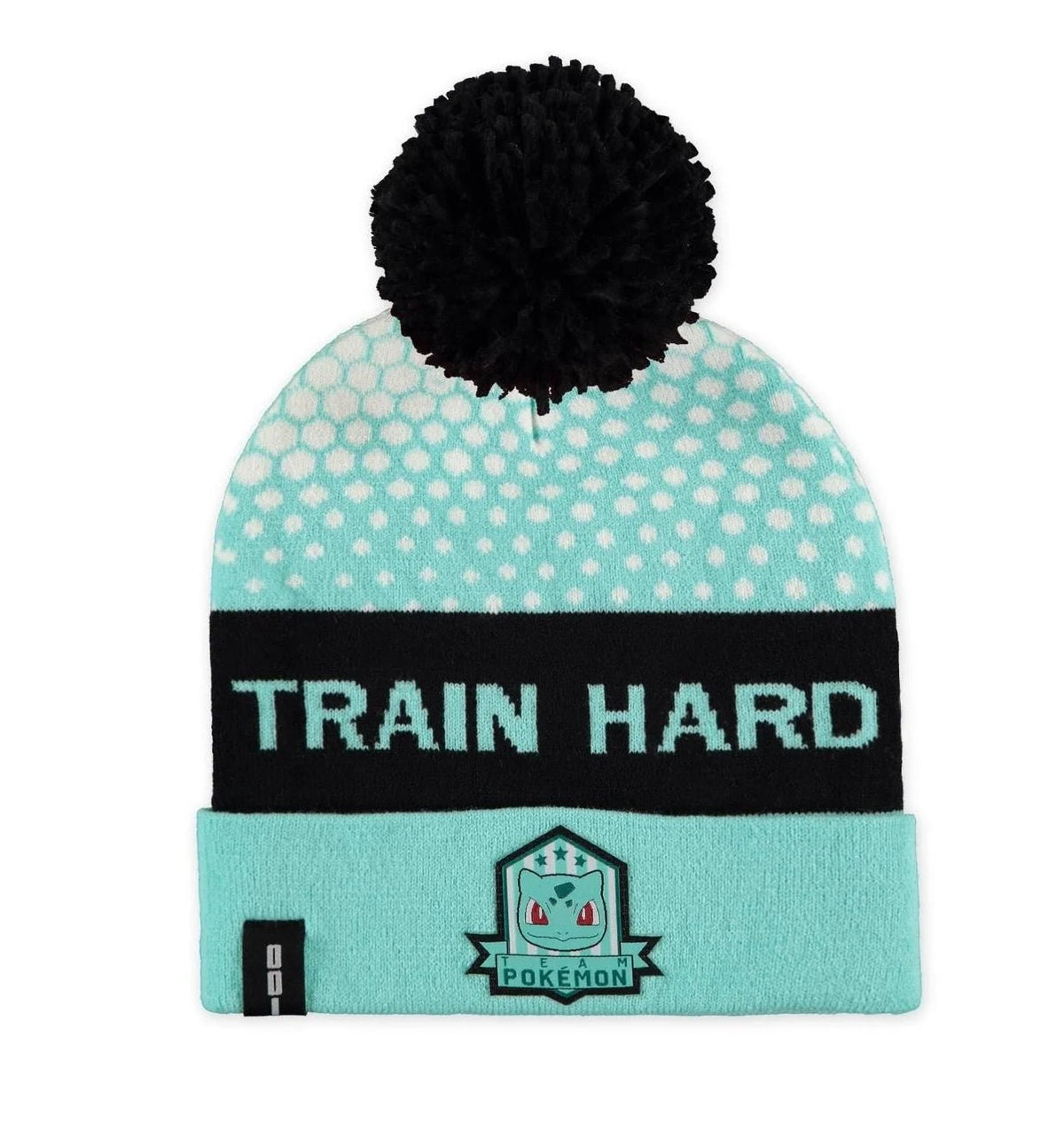 Kit Regalo Pokémon Bulbasaur (ACAP) - Berretto + Guanti per Adulti: berretto turchese con pompon nero e scritta Train Hard